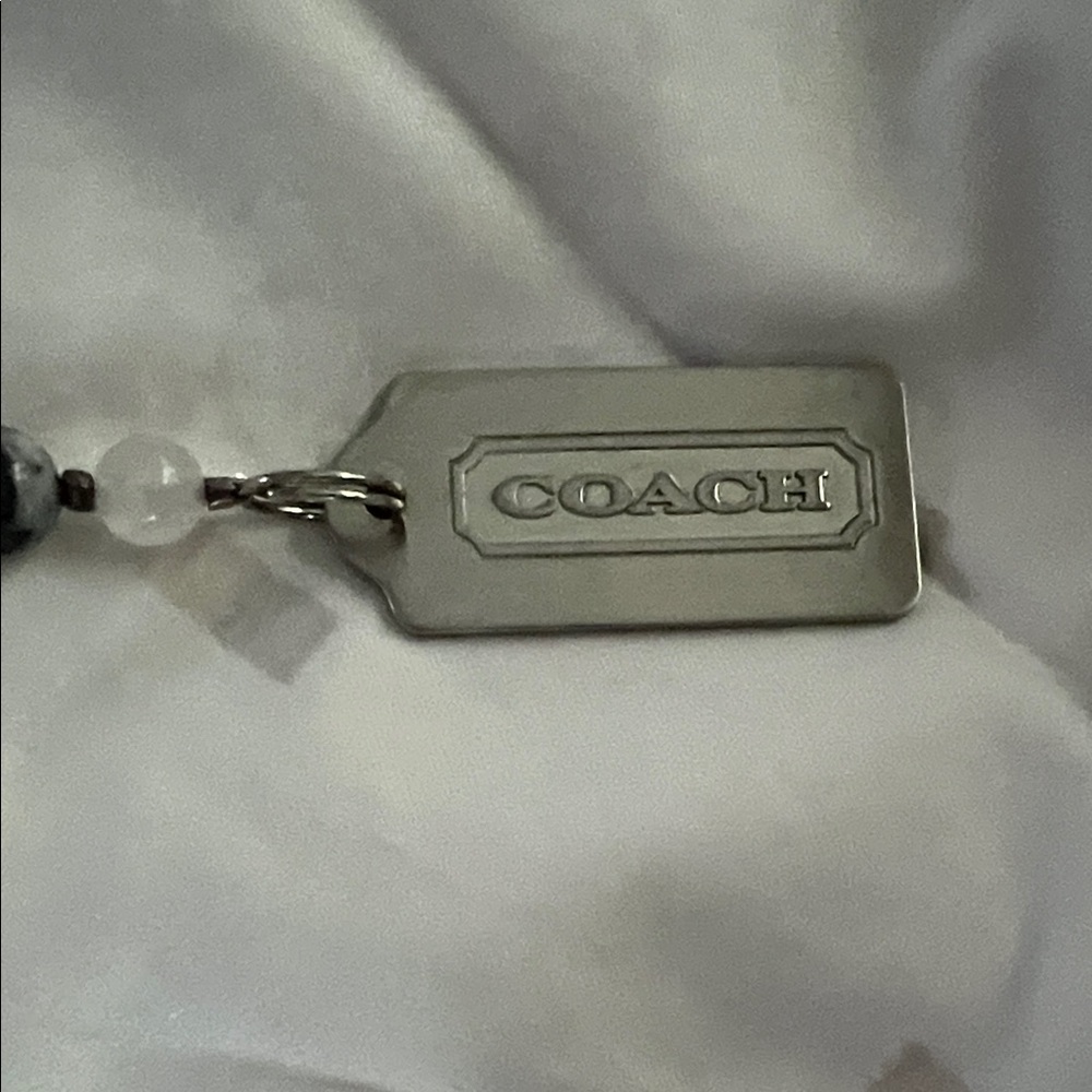 Coach Silver Rectangular Logo Metal and Bead bag charm